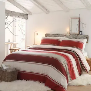 Betley Brushed Cotton Striped Duvet Cover Set with Pillowcases Red / Kingsize - 2 Standard Pillowcases