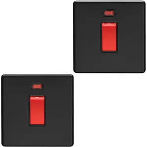 2 PACK 1 Gang Single 45A DP Cooker Switch & Neon SCREWLESS MATT BLACK Rocker