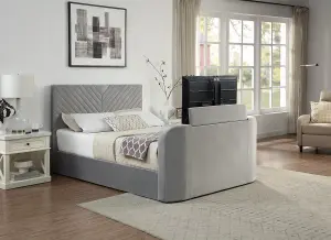 Grey Velvet Criss Cross Ottoman TV Bed With Storage Smart Bed With Remote Control TV Footboard Operation