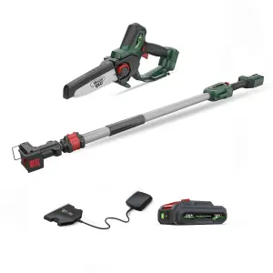 Webb Eco 20V 15cm Cordless Pruning Saw & 100-215cm Extension Pole - up to 40min runtime, 4.9m/s chain speed w/ Battery & Charger