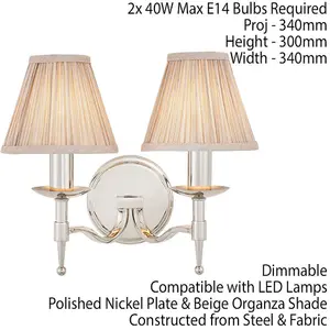 Avery Luxury Twin Arm Wall Light Traditional Bright Nickel & Beige Pleat Shade