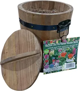 Pre-Planted Wooden Barrel Planter-30 Red & Yellow Spring Flowering Bulbs-Just Add Water-18x23cm-Peat-Free Compost-Bee-Friendly Mix