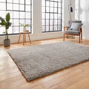 Grey Plain Modern Shaggy Easy To Clean Rug For Dining Room-120cm X 170cm