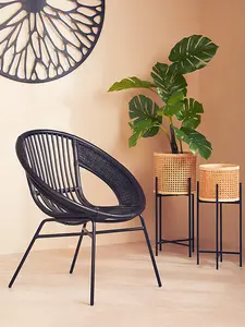 Interiors by Premier Black Natural Rattan And Black Iron Arm Chair, Comfortable Outdoor Chair, Durable Black Natural Dining Chair