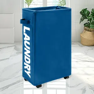 Navy Polyester Laundry Hamper Collapsible Medium Laundry Basket with Wheels - 38L