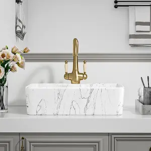 Rectangular White Ceramic Marble Effect Texture Countertop Basin Bathroom Sink W 480mm x D 370mm