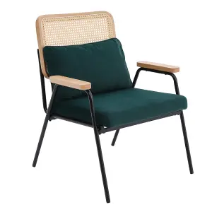 Green Frosted Velvet Effect Armchair Rattan Back Metal Frame Arm Chair with Metal Legs