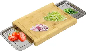 Durable and Eco-Friendly Bamboo Chopping Board with Sliding Stainless Steel Trays - Large Organic Wooden Cutting Board