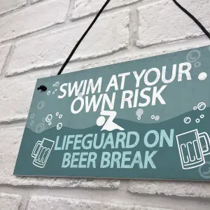 Red Ocean Funny Swim At Own Risk Hot Tub Pool Jacuzzi Hanging Garden Shed Plaque Wall Sign