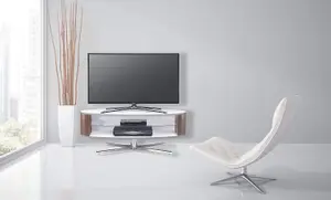 MDA Designs Orbit 1100WWA Gloss White TV Stand with Walnut Elliptic Sides for Flat Screen TVs up to 55"