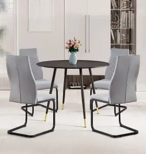 Hallowood Furniture Finley Small Round Dining Table in Black Finish with 4 High Back Light Grey Fabric Chairs