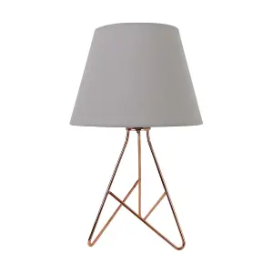 First Choice Lighting Set of 2 Tripod Copper 42cm Table Lamps With Grey Fabric Shades