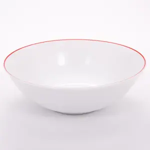 Set of 4 White Ceramic Dinner Bowls with Elegant Red Rim - Durable & Stylish