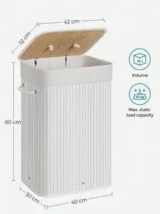 SONGMICS Laundry Basket With Lid, 72L, Bamboo Laundry Hamper, Collapsible Laundry Bin With Removable Washable Liner Bag, White