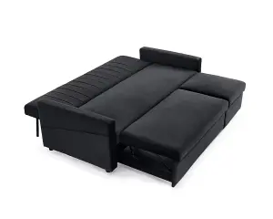 Devon 3 Seater Storage Chaise Pull Out Fabric Black Velvet Sofa bed