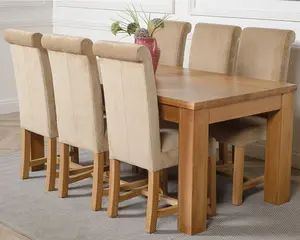 Dakota 182 x 92 cm Chunky Oak Large Dining Table and 6 Chairs Dining Set with Washington Beige Fabric Chairs