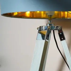 ValueLights Clipper Modern Light Wood and Chrome Tripod Table Lamp with Warm Grey Gold Drum Shade