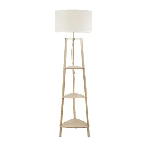 ValueLights Hiru 3 Tier Shelved Wooden Floor Lamp with Linen White Trim Drum Shade & LED Bulb