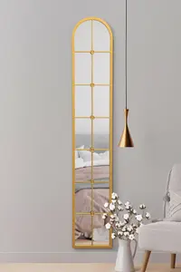 Mirror Slim Window Arcus - Gold Framed Arched Leaner Wall Mirror 67" X 12" (170CM X 30CM)