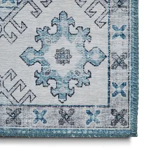 Light Blue Traditional Bordered Geometric Rug for Bedroom & Living Room-120cm X 170cm