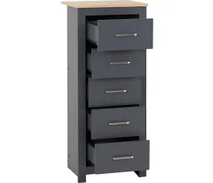 Portland 5 Drawer Narrow Chest in Grey with Oak Effect Finish