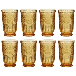 Set of 8 Luxury Embossed Yellow Tall Drinking Glass Tumblers 330ml