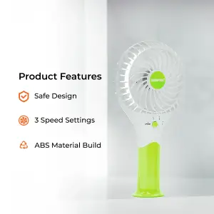 Geepas Rechargeable Mini Fan Personal Portable Fan with 3 Speed Options, Green