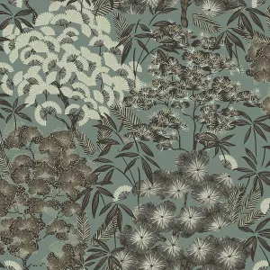 Grandeco Hisae Oriental Blossom Textured Wallpaper, Green