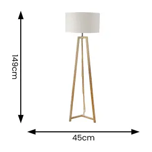 ValueLights Lottie Natural Wood Tripod Floor Lamp with Linen White Trim Shade & LED Bulb