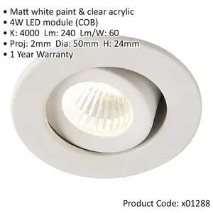 2 PACK Micro Adjustable Ceiling Downlight - 4W Cool White LED - Matt White