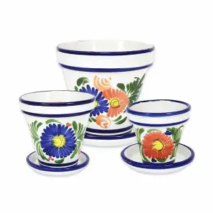 Floral Hand Painted Set of 3 Classic Plant Pots & Drainage Plates (D) 16-29cm