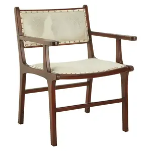 Stylish Leather Teak Wood Dining Chair, Spacious Kitchen Chair, Classic Armchair, Garden Accent Chair