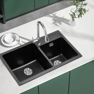 Undermount Double Bowl Quartz Kitchen Sink Black 860x460mm