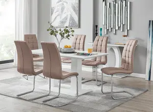 Imperia White High Gloss 6 Seater Dining Table with Structural 2 Plinth Column Legs 6 Beige Padded Faux Leather Murano Chairs