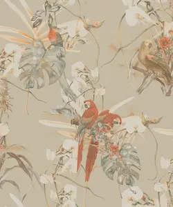 Galerie Blooming Wild Beige/Orange Exotic Parrot Motif Wallpaper Roll