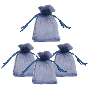 Neel Blue Pack of 100 Organza Bags, 7cm x 9cm Gift Bags Sheer Drawstring Pouches, Navy Blue