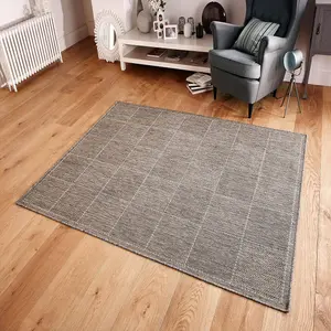 Checked Flatweave Grey Anti Slip Bordered Rug for Living Room, Bedroom and Dining Room-60cm X 110cm