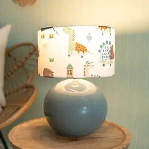 ValueLights Bosco Eucalyptus Ceramic Table Lamp with Cartoon Dino Drum Shade