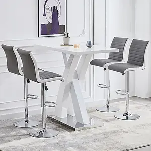 Furniture in Fashion Axara White High Gloss Bar Table With 4 Ritz Grey Bar  White Stools