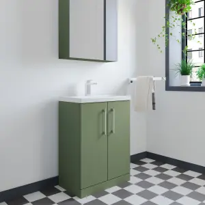 Compact Floor Standing 2 Door Vanity Basin Unit with Ceramic Basin - 600mm - Satin Green