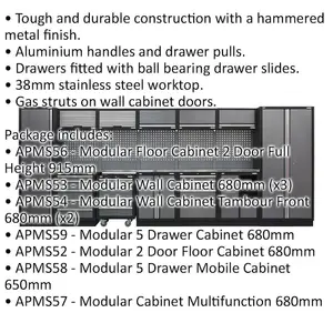 Comprehensive 4.9m Modular Garage Storage System with Stainless Steel Worktops