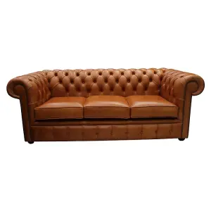 Chesterfield 3 Seater Sofa Old English Saddle Real Leather In Classic Style