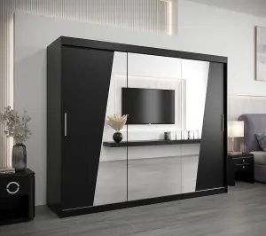 Rhomb Contemporary Mirrored 3 Sliding Door Wardrobe 9 Shelves 2 Rails Black Matt (H)2000mm (W)2500mm (D)620mm