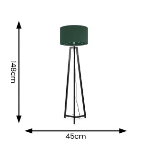 ValueLights Lottie Black Wood Tripod Floor Lamp with Forest Green Drum Shade - LED Bulb Included