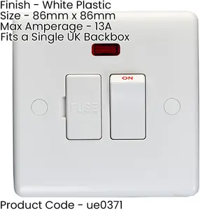 13A Switched Fuse Spur & Neon WHITE PLASTIC Mains Isolation Appliance Wall Plate