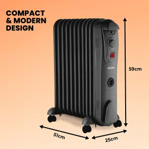 Schallen Oil Filled Radiator 2500W 11 Fin Heater + Thermostat with Timer - BLACK