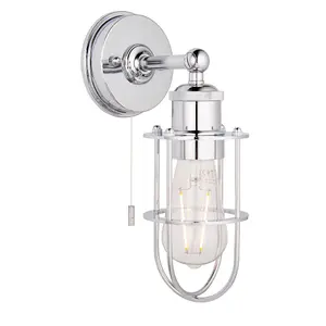 Chrome Plated Industrial Caged Bathroom Wall Light - IP44 Rated - Knurled Detail