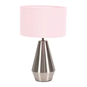 ValueLights Jax Silver Metal Touch Dimmer Table Lamp with Blush Pink Drum Shade