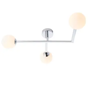 Polished Chrome Semi Flush Bathroom Ceiling Light & Opal Glass Shade - 3 Bulb