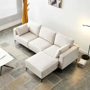 Modern 3 seater Sofas with Ottoman, Fabric Padded Seat Footstool Beige Lenth235cm width 80cm Corner with 2 Pillows